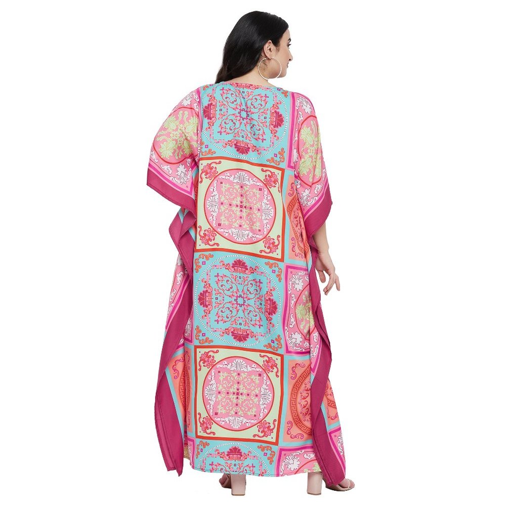 Plus Size Women Caftan Dress Pink Polyester Maxi Moo Moos Dresses for Party Wear - Picture 9 of 10